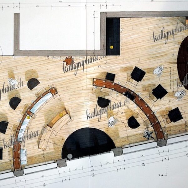 Handgezeichneter Grundriss eines Coiffeur-Geschäfts (Abschlussarbeit Interior Designer)