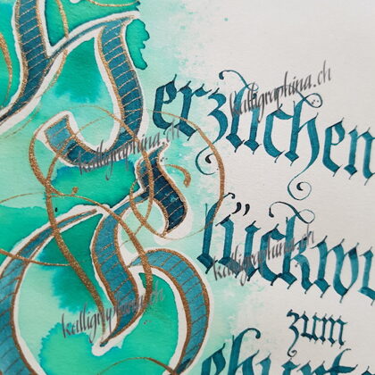 Glückwunschkarte mit Goldumrandung (Barock-Fraktur)