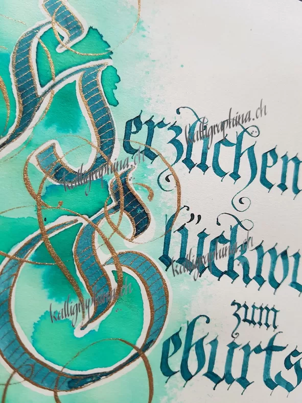 Glückwunschkarte mit Goldumrandung (Barock-Fraktur)